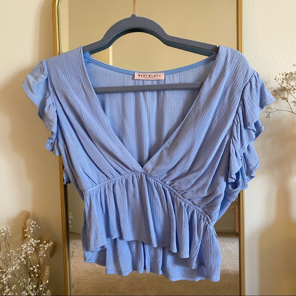 Blue crop ruffle sleeve top *never worn*